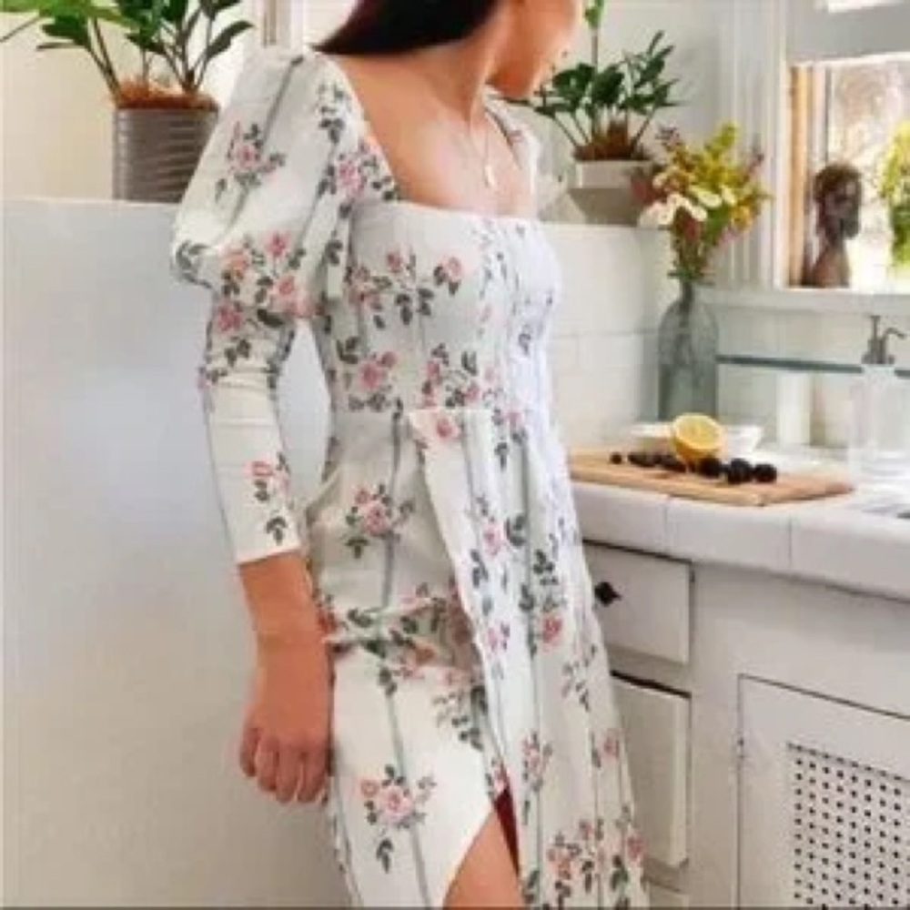 For Love & Lemons Women's Empire-Ivory Pink Floral Puff Sleeve MIDI Linen Medium